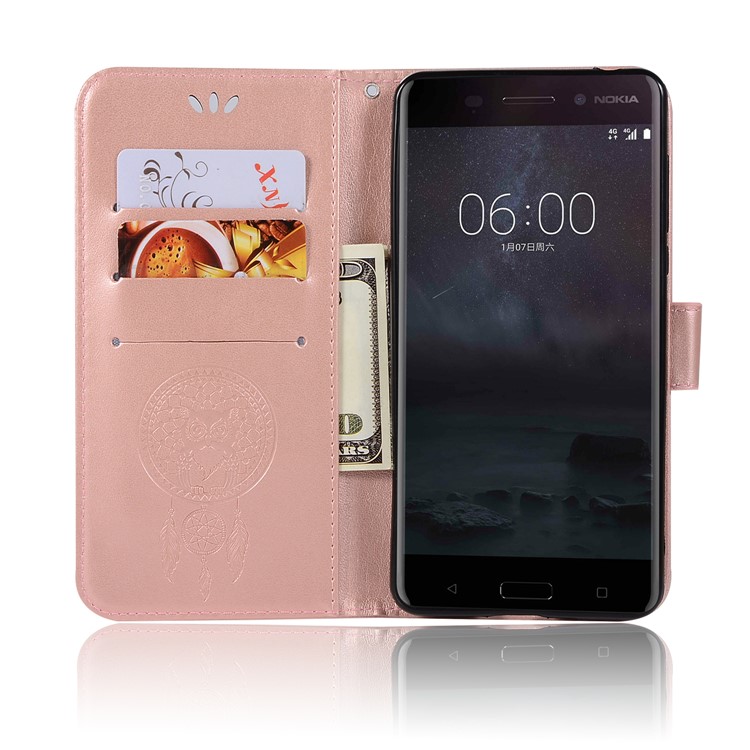 For Nokia 6 Imprint Owl Dream Catcher Pattern Wallet Leather Stand Phone Shell - Rose Gold-4