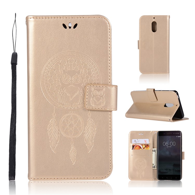 For Nokia 6 Imprint Owl Dream Catcher Pattern PU Leather Wallet Mobile Case - Gold-1
