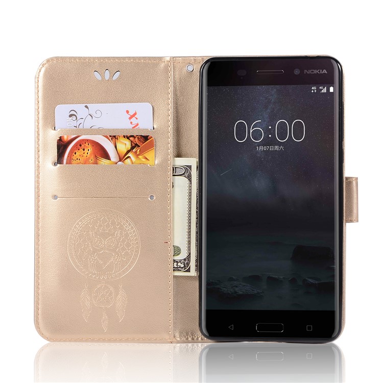 For Nokia 6 Imprint Owl Dream Catcher Pattern PU Leather Wallet Mobile Case - Gold-4