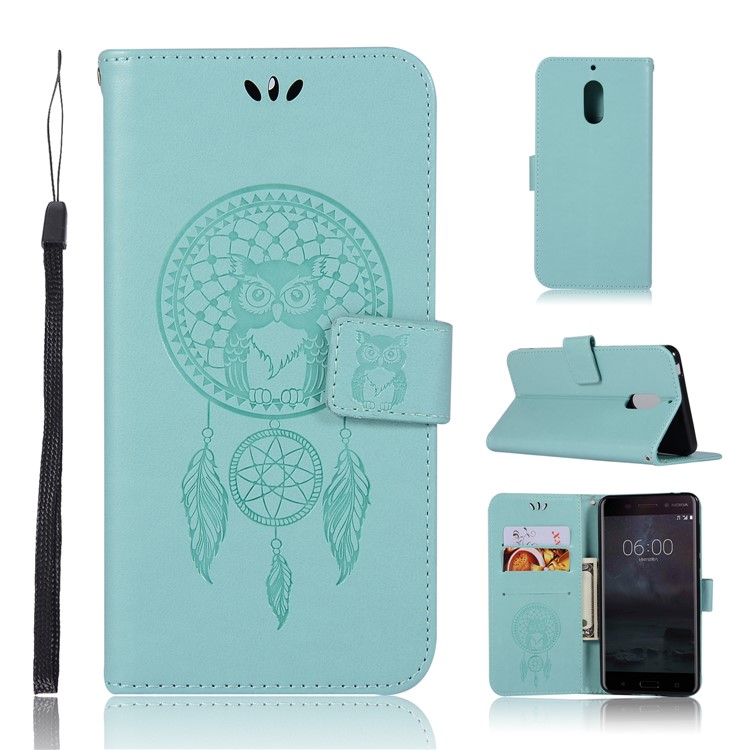 For Nokia 6 Imprint Owl Dream Catcher Pattern Wallet Leather Stand Phone Case - Cyan-1