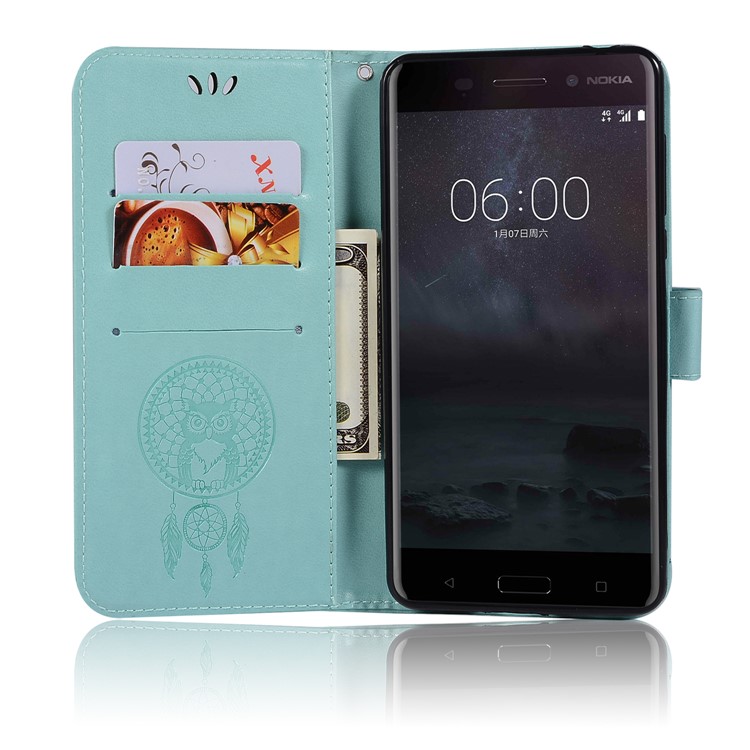 For Nokia 6 Imprint Owl Dream Catcher Pattern Wallet Leather Stand Phone Case - Cyan-4