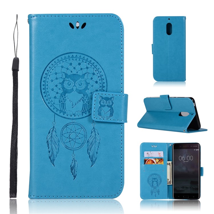 For Nokia 6 Imprint Owl Dream Catcher Pattern PU Leather Stand Mobile Cover - Blue-1