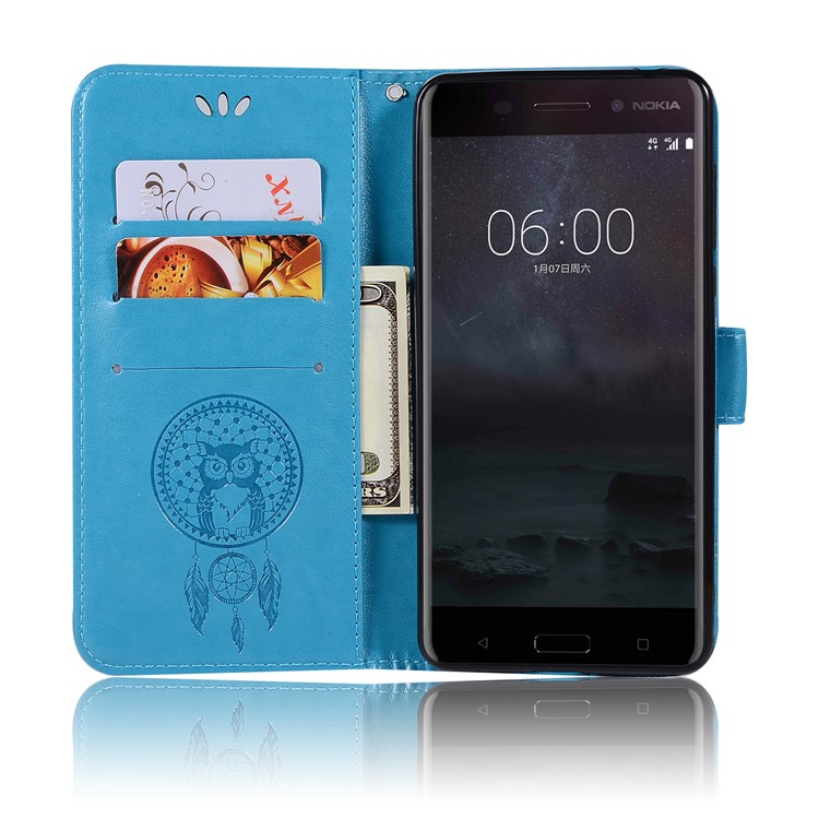 For Nokia 6 Imprint Owl Dream Catcher Pattern PU Leather Stand Mobile Cover - Blue-4