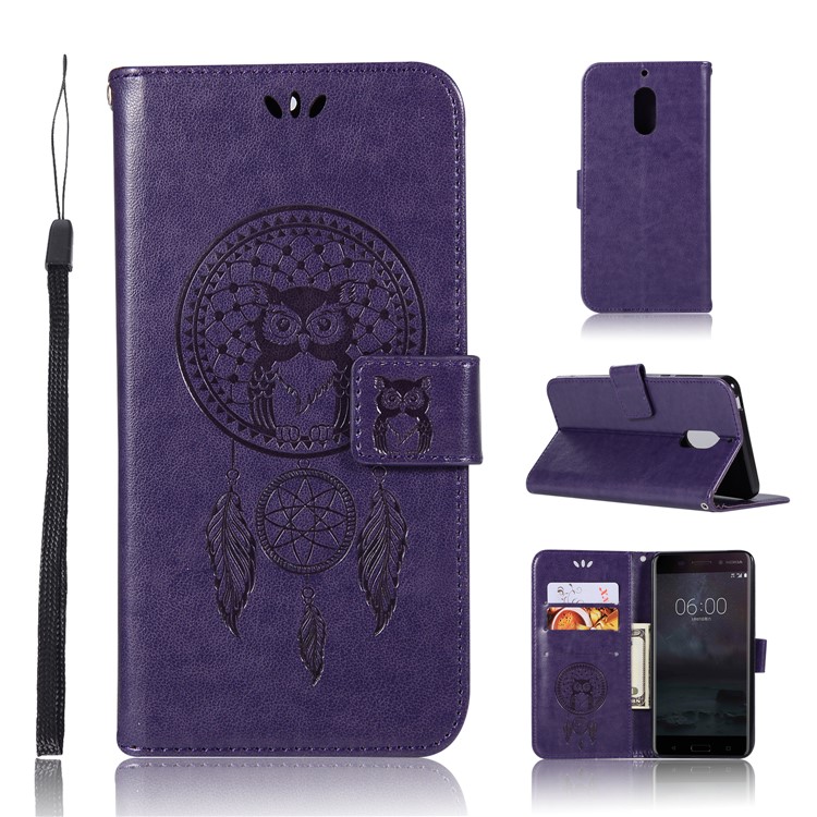For Nokia 6 Imprint Owl Dream Catcher Pattern PU Leather Card Holder Mobile Shell - Purple-1