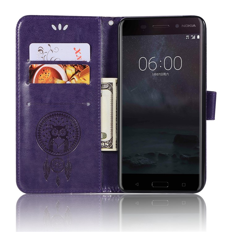 For Nokia 6 Imprint Owl Dream Catcher Pattern PU Leather Card Holder Mobile Shell - Purple-4