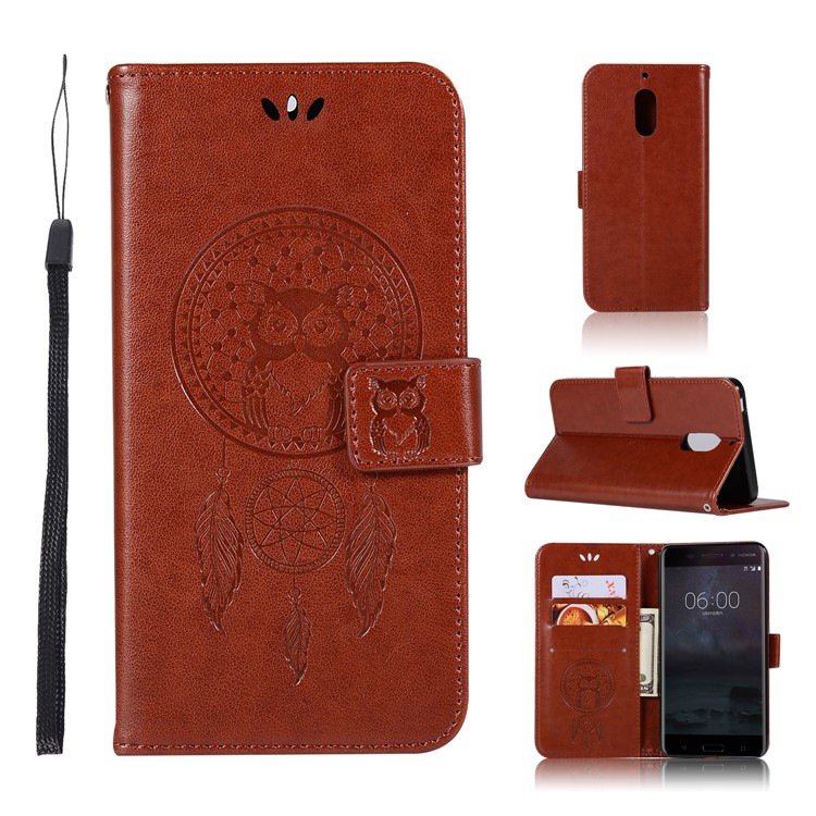 For Nokia 6 Imprint Owl Dream Catcher Pattern PU Leather Protective Cover Case - Brown-1