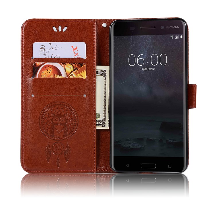 For Nokia 6 Imprint Owl Dream Catcher Pattern PU Leather Protective Cover Case - Brown-4