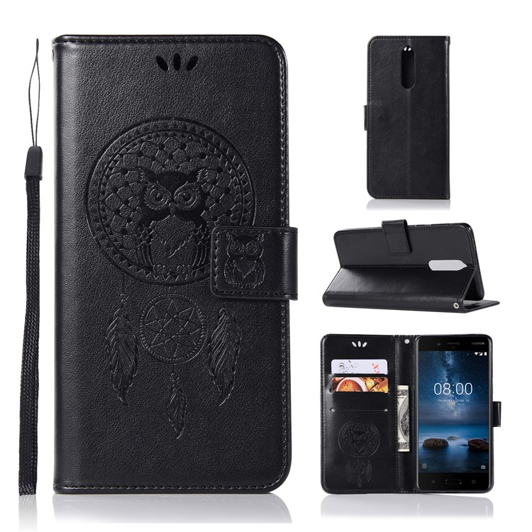 Imprint Owl Dream Catcher Pattern PU Leather Wallet Flip Cover Case for Nokia 8 - Black-1