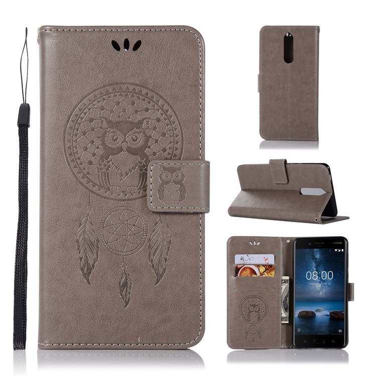 Imprint Owl Dream Catcher Pattern PU Leather Wallet Flip Stand Cover for Nokia 8 - Grey-1