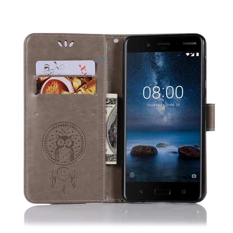 Imprint Owl Dream Catcher Pattern PU Leather Wallet Flip Stand Cover for Nokia 8 - Grey-4