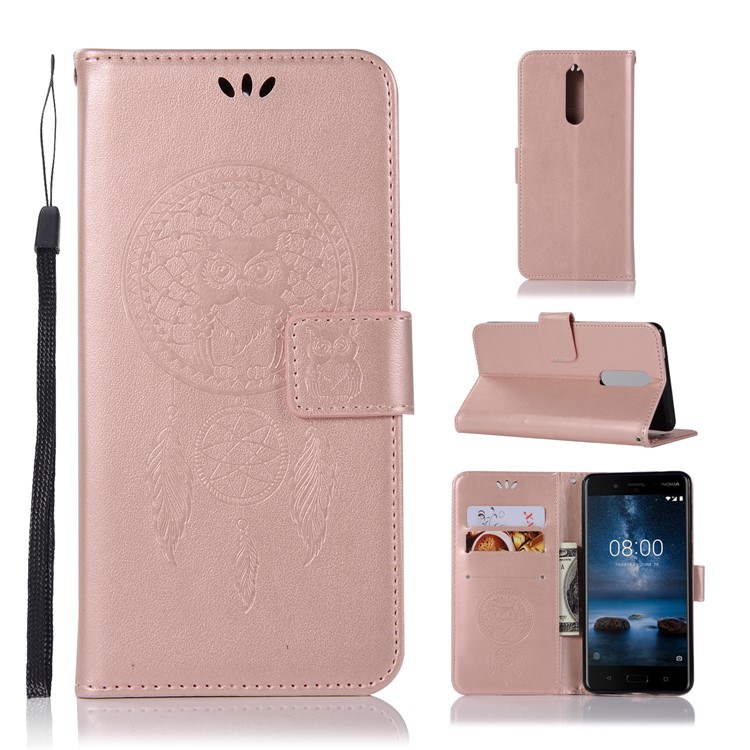 Imprint Owl Dream Catcher Pattern PU Leather Wallet Magnetic Phone Case for Nokia 8 - Rose Gold-1