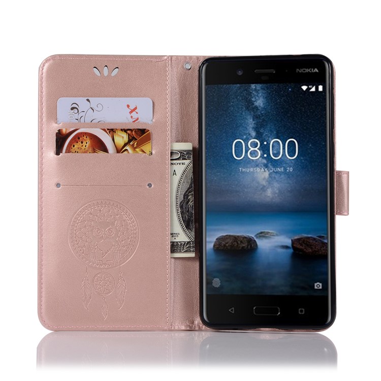 Imprint Owl Dream Catcher Pattern PU Leather Wallet Magnetic Phone Case for Nokia 8 - Rose Gold-4
