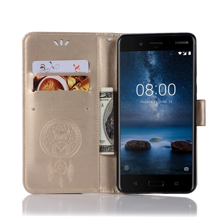 Imprint Owl Dream Catcher Pattern PU Leather Protective Mobile Shell for Nokia 8 - Gold-4