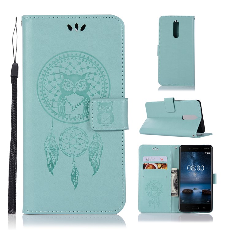 Imprint Owl Dream Catcher Pattern PU Leather Wallet Stand Phone Casing for Nokia 8 - Cyan-1