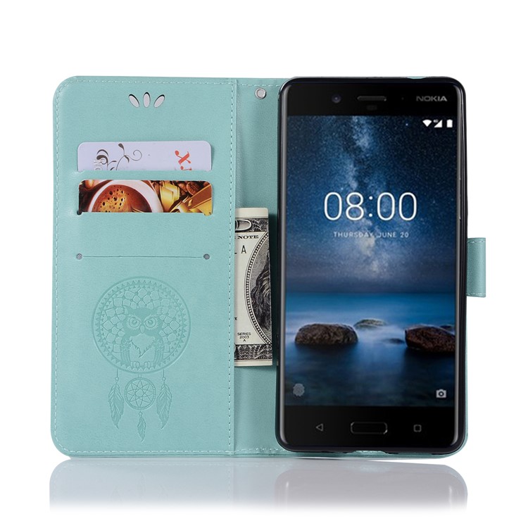 Imprint Owl Dream Catcher Pattern PU Leather Wallet Stand Phone Casing for Nokia 8 - Cyan-4