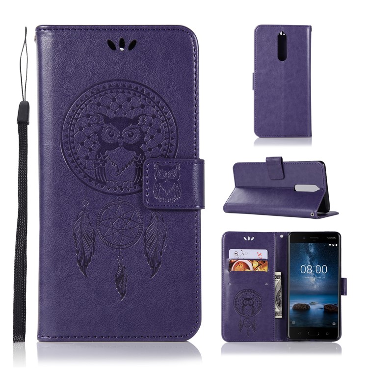 Imprint Owl Dream Catcher Pattern PU Leather Card Holder Phone Shell for Nokia 8 - Purple-1