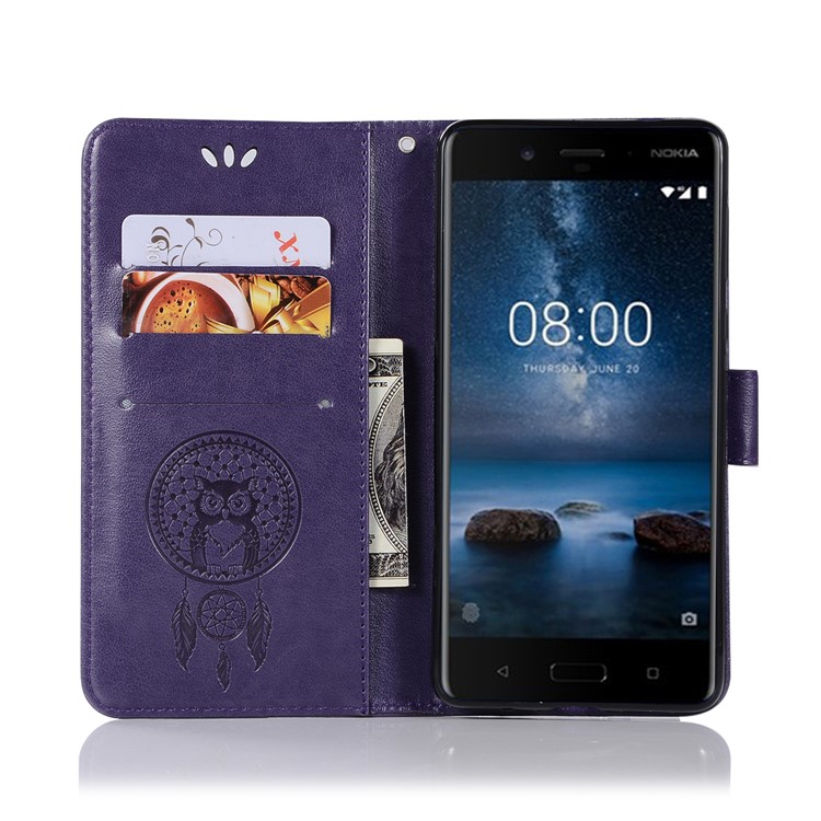 Imprint Owl Dream Catcher Pattern PU Leather Card Holder Phone Shell for Nokia 8 - Purple-4