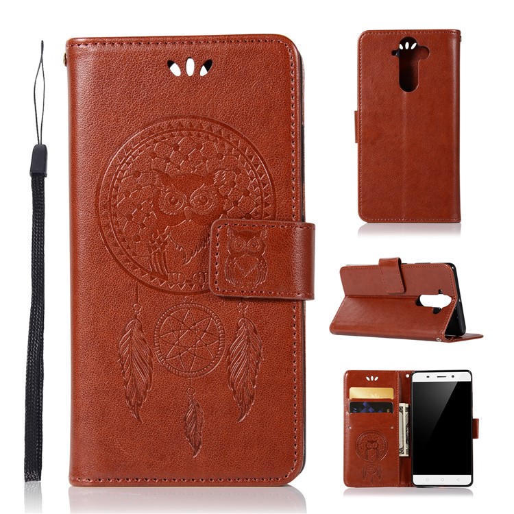 Imprint Owl Dream Catcher Pattern PU Leather Magnetic Wallet Cover Shell for Nokia 9 / 8 Sirocco - Brown-1