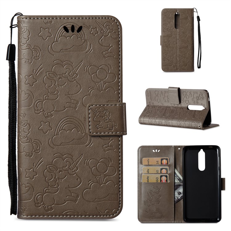 Imprinted Unicorn Pattern Leather Wallet Cover for Nokia 8 - Grey-1