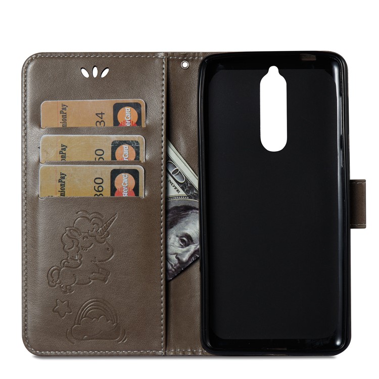 Imprinted Unicorn Pattern Leather Wallet Cover for Nokia 8 - Grey-10