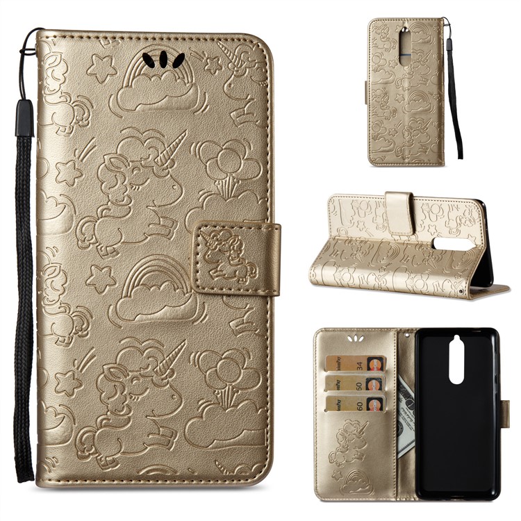 Imprinted Unicorn Pattern Cell Phone Leather Wallet Case for Nokia 8 - Gold-1