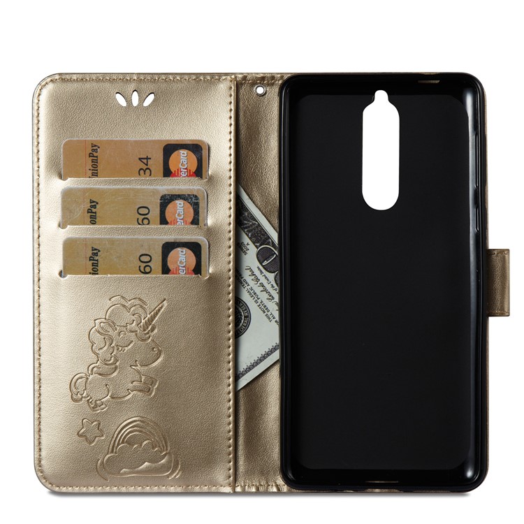 Imprinted Unicorn Pattern Cell Phone Leather Wallet Case for Nokia 8 - Gold-10