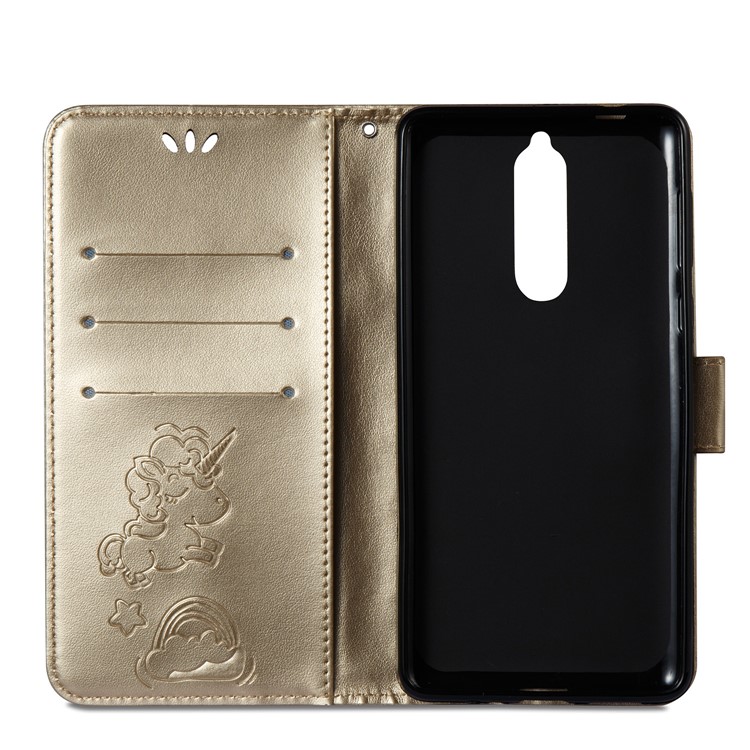 Imprinted Unicorn Pattern Cell Phone Leather Wallet Case for Nokia 8 - Gold-9