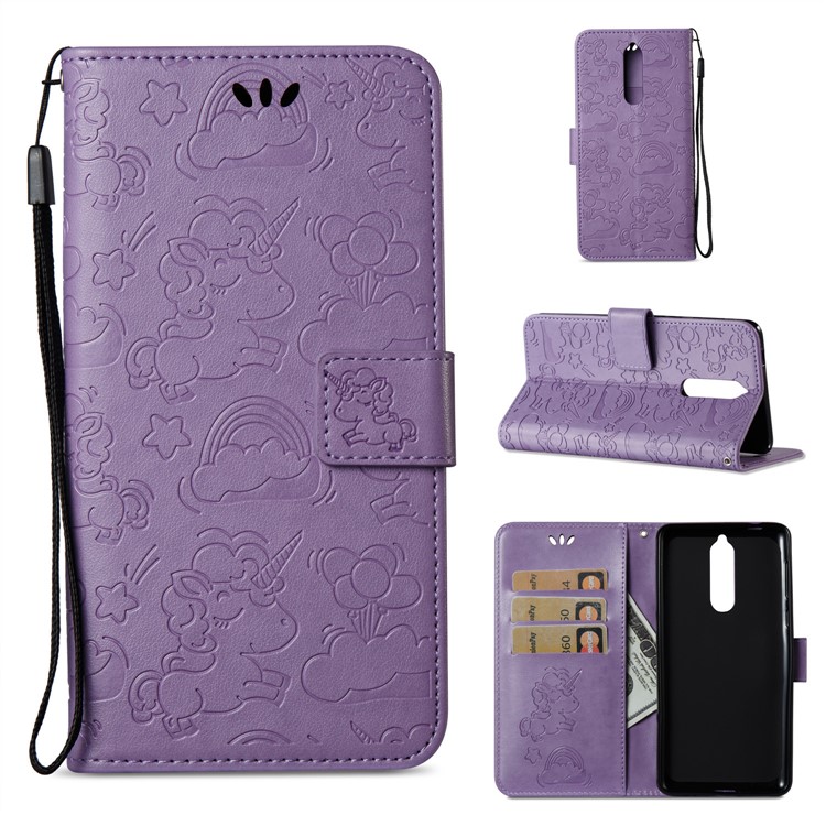Imprinted Unicorn Pattern Wallet Leather Cell Phone Case for Nokia 8 - Purple-1
