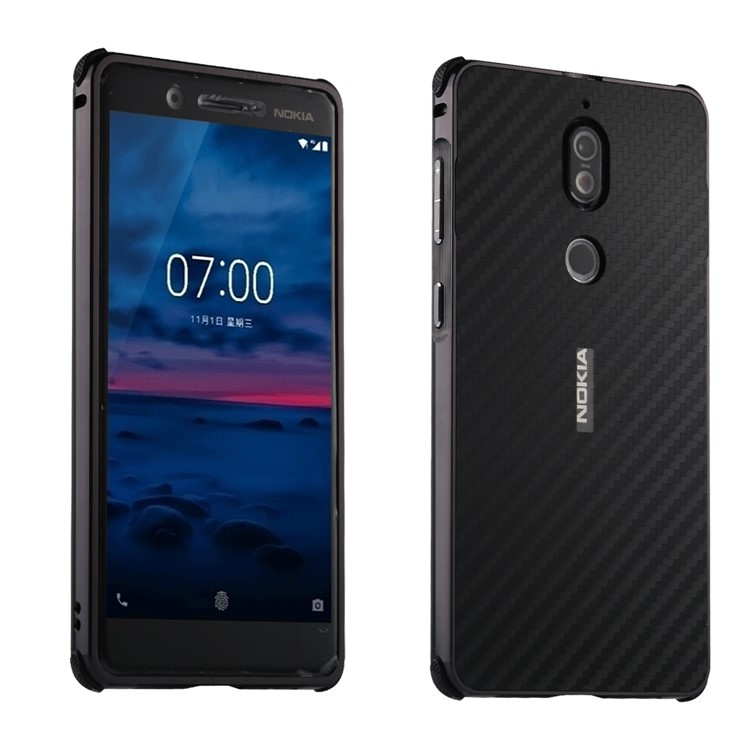 Drop-proof Slide-on Metal Frame + Carbon Fiber Texture PC Hard Case for Nokia 7 - Black-1