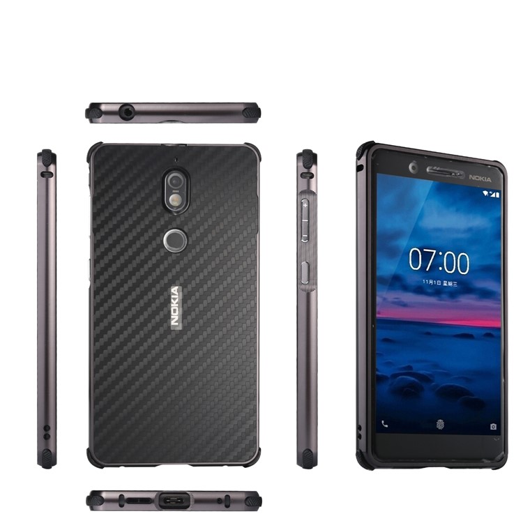 Drop-proof Slide-on Metal Frame + Carbon Fiber Texture PC Hard Case for Nokia 7 - Black-9