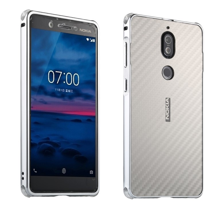 Drop-proof Slide-on Metal Frame + Carbon Fiber Texture PC Back Cover for Nokia 7 - Silver-1