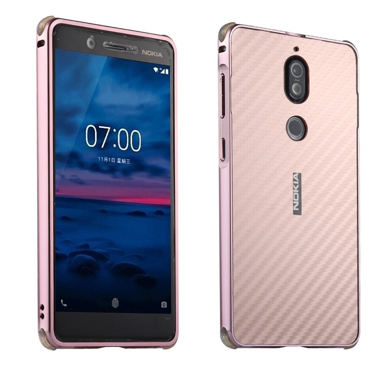 Drop-proof Slide-on Metal Frame + Carbon Fiber Texture PC Phone Shell for Nokia 7 - Rose Gold-1