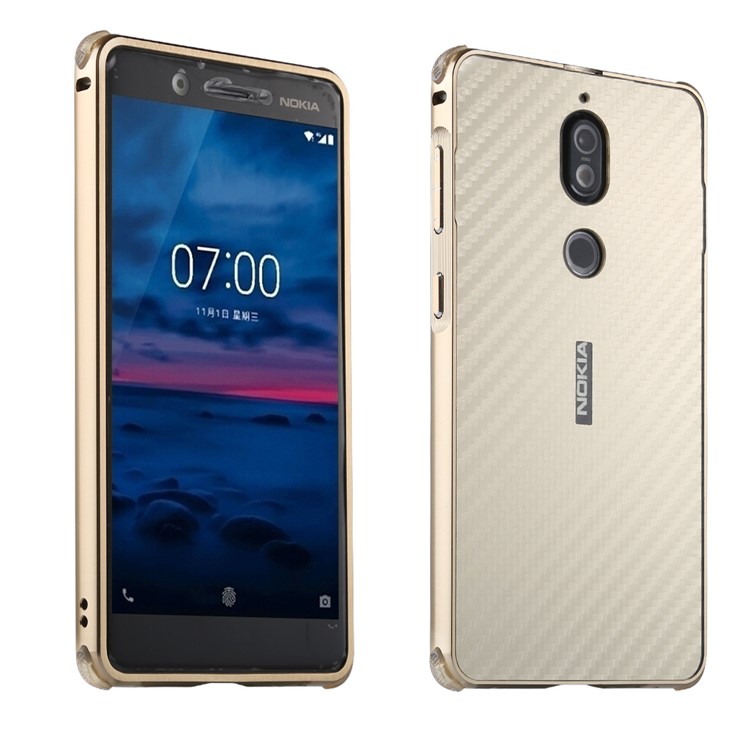 Drop-proof Slide-on Metal Frame + Carbon Fiber Texture PC Mobile Case Cover for Nokia 7 - Gold-1