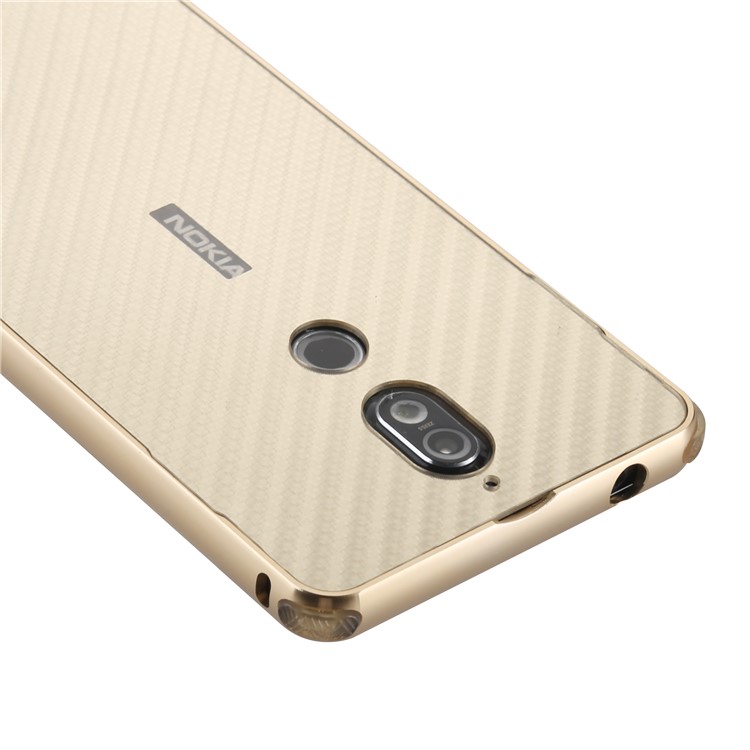 Drop-proof Slide-on Metal Frame + Carbon Fiber Texture PC Mobile Case Cover for Nokia 7 - Gold-2