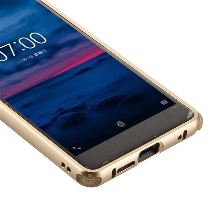 Drop-proof Slide-on Metal Frame + Carbon Fiber Texture PC Mobile Case Cover for Nokia 7 - Gold-3