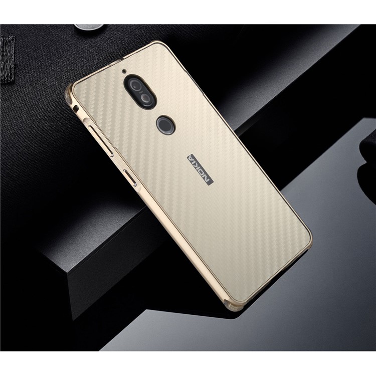 Drop-proof Slide-on Metal Frame + Carbon Fiber Texture PC Mobile Case Cover for Nokia 7 - Gold-4