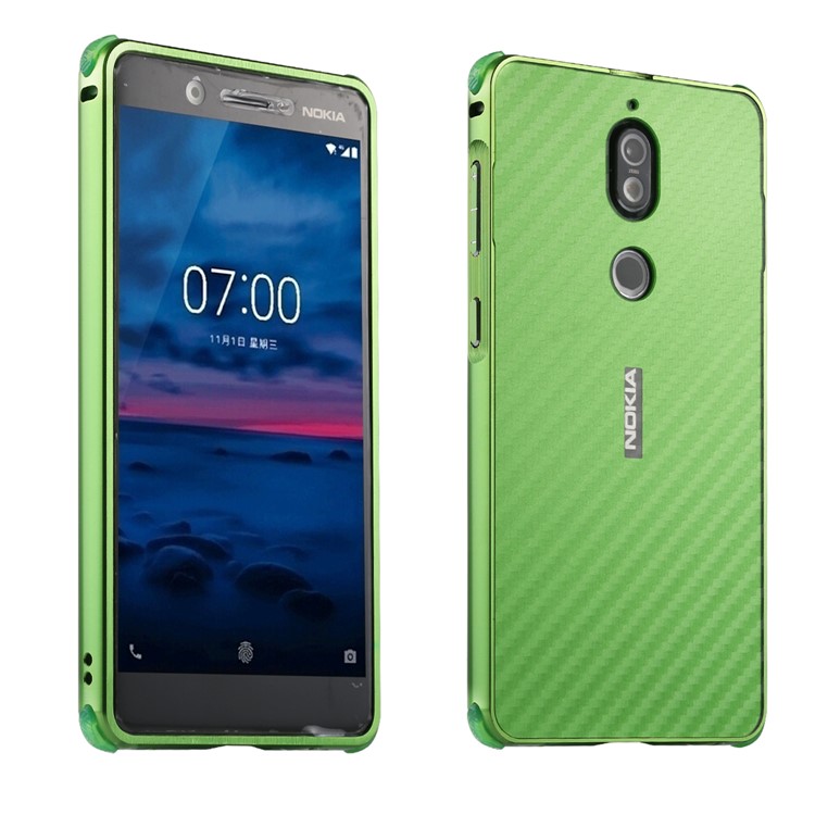 Drop-proof Slide-on Carbon Fiber Texture PC Back + Metal Frame Mobile Phone Case for Nokia 7 - Green-1