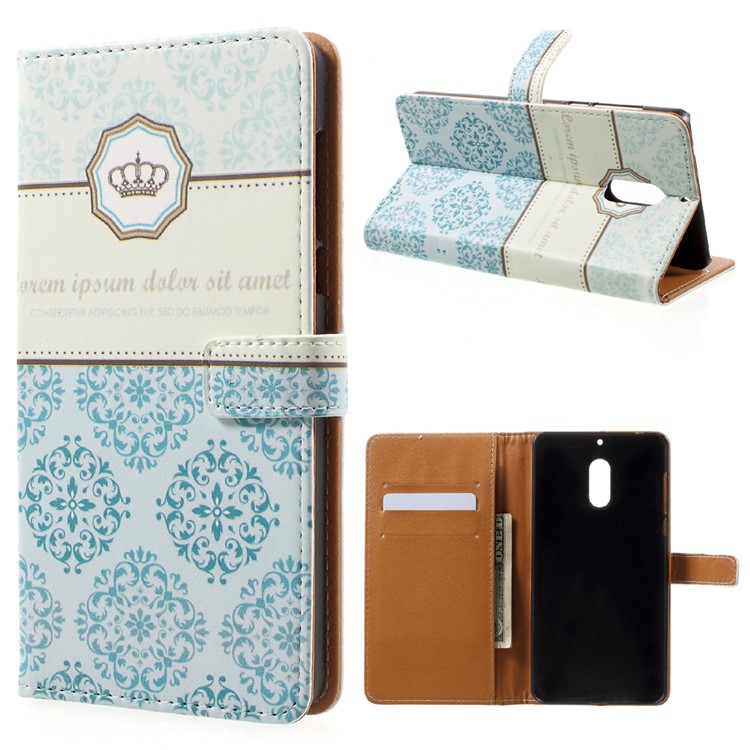 For Nokia 6 Pattern Printing Card Holder Wallet Leather Stand Case - Damask Flower-1