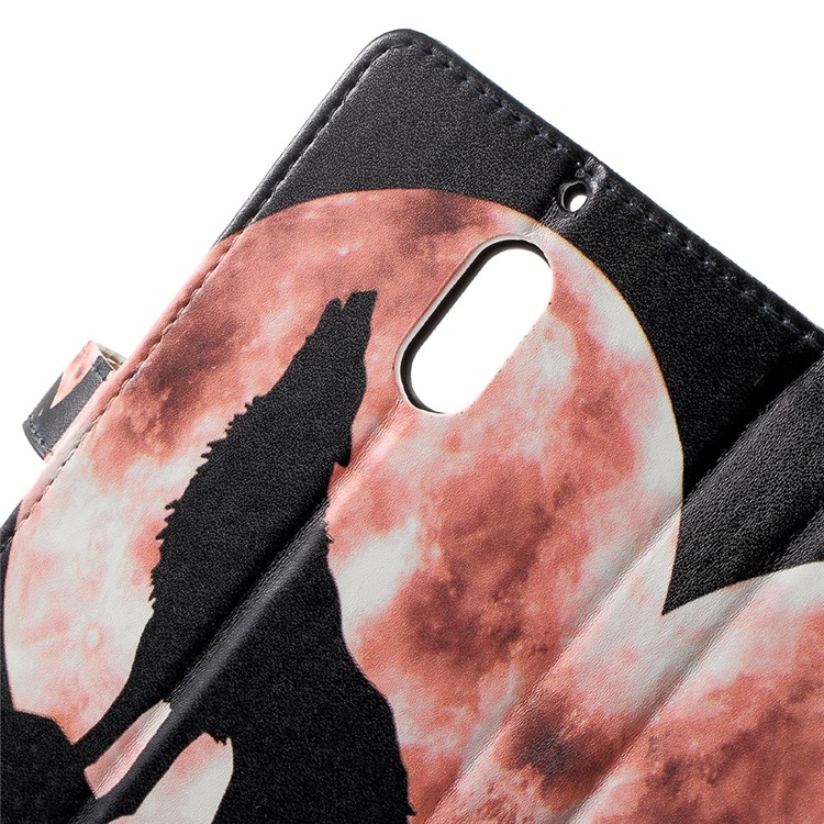 Patterned Card Holder Wallet Leather Cover for Nokia 6 - Wolf Howling at the Moon-5