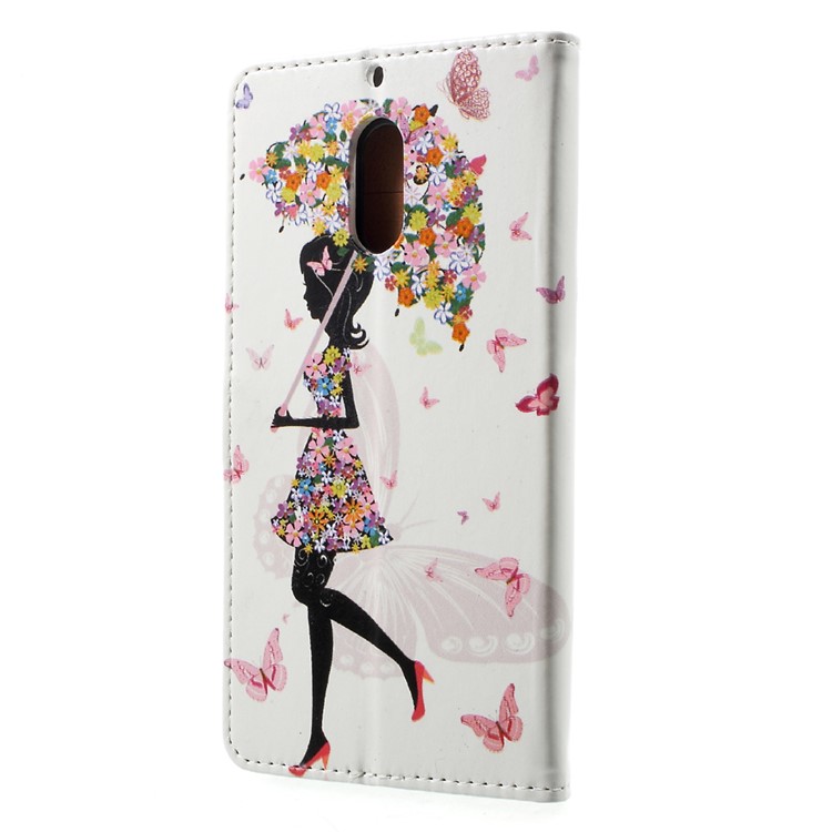 Patterned PU Leather Wallet Case Stand for Nokia 6 - Flowered Girl and Butterflies-3