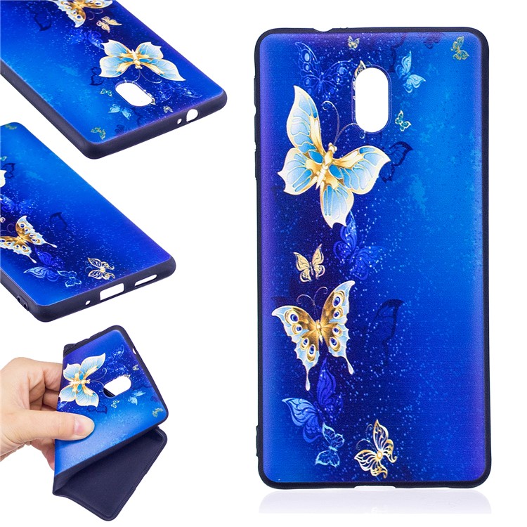 Soft Embossed Pattern Printing TPU Protective Cell Phone Case for Nokia 3 - Blue and Gold Butterfly-1