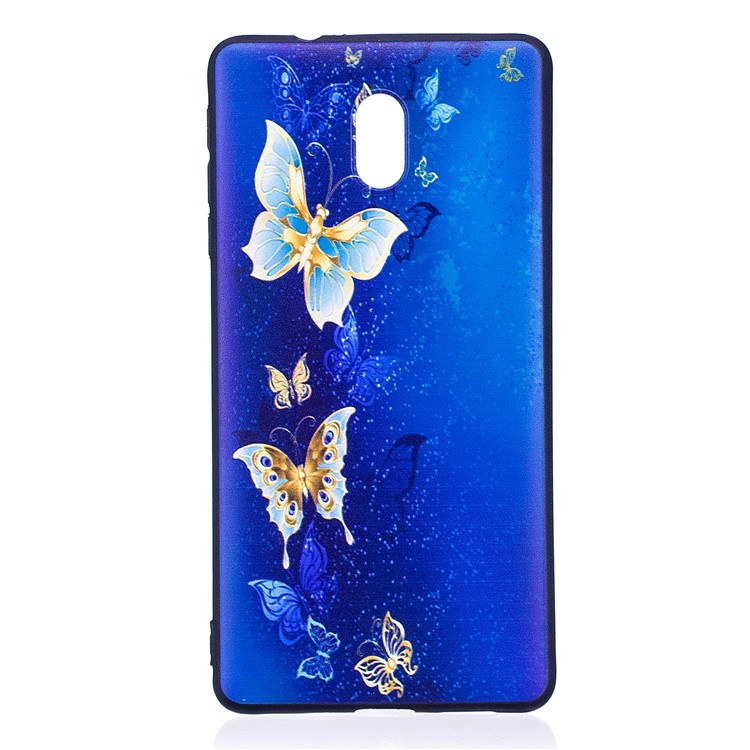 Soft Embossed Pattern Printing TPU Protective Cell Phone Case for Nokia 3 - Blue and Gold Butterfly-2