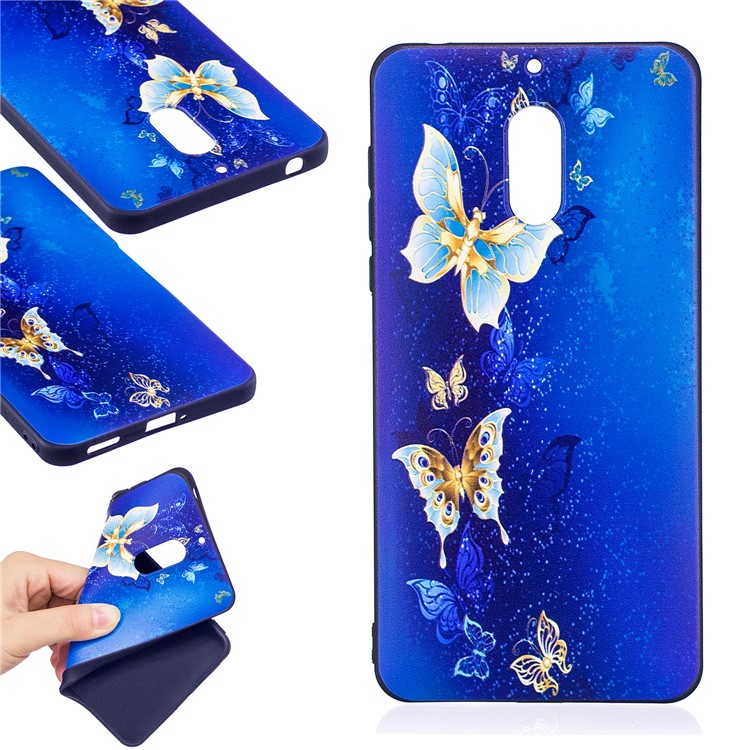 Soft Embossed Pattern Printing TPU Protective Shell for Nokia 6 - Gold and Blue Butterfly-1