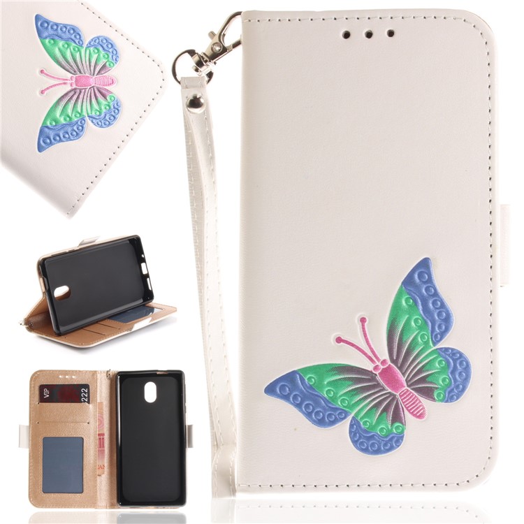 For Nokia 3 Butterfly Pattern Leather Wallet Stand Case - White-1
