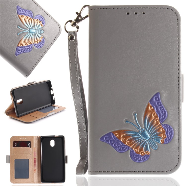For Nokia 3 Butterfly Pattern Leather Wallet Flip Cover Casing - Grey-1