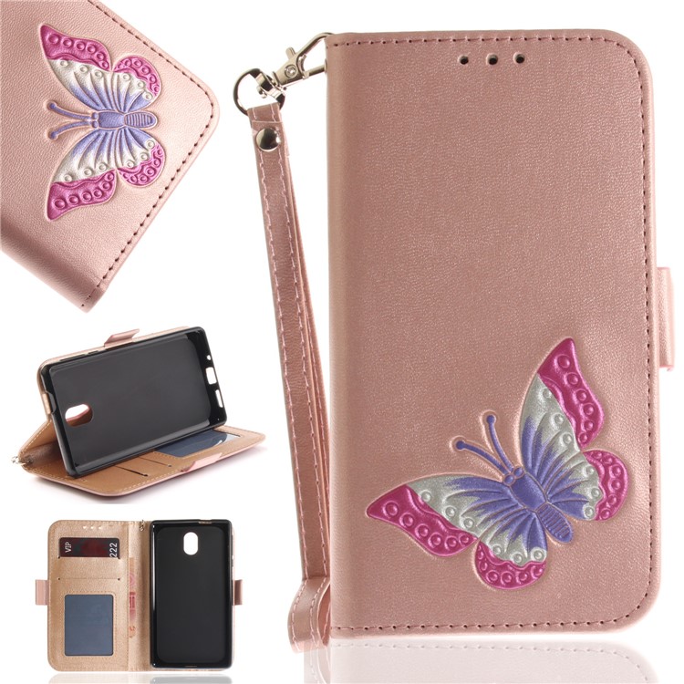 For Nokia 3 Butterfly Pattern Leather Wallet Stand Mobile Shell - Rose Gold-1