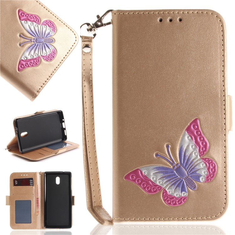 For Nokia 3 Butterfly Pattern Leather Case Shell with Stand - Gold-1