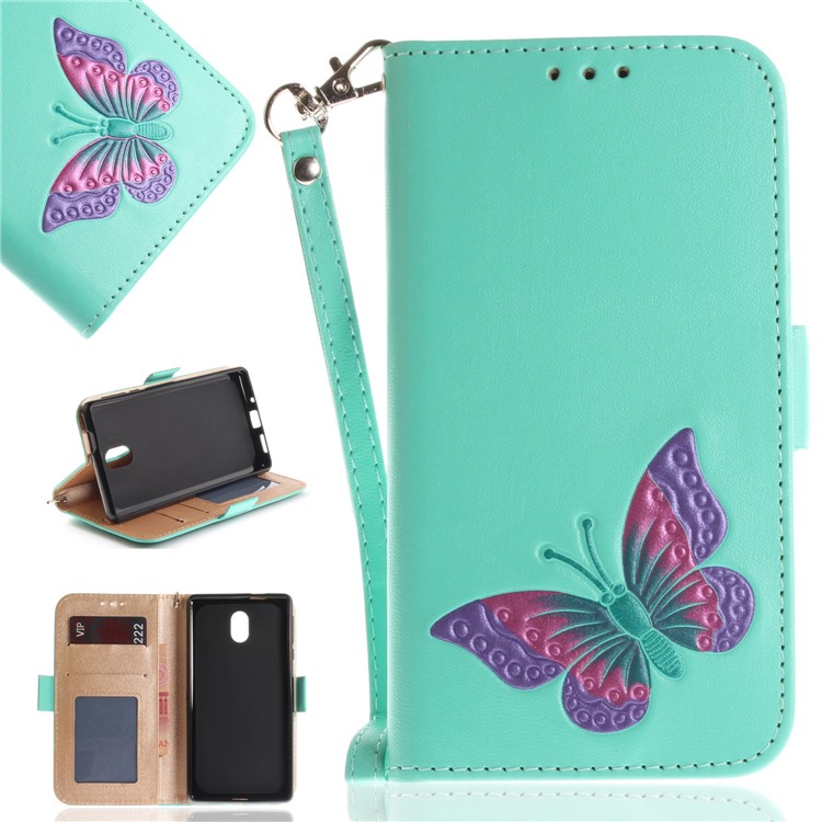 For Nokia 3 Butterfly Pattern Leather Wallet Protective Case - Cyan-1
