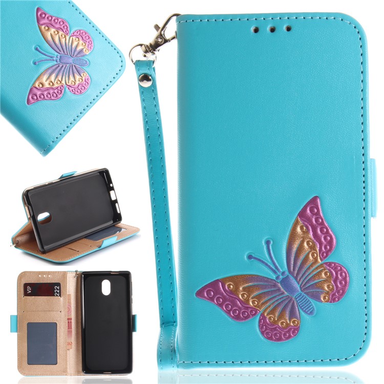 For Nokia 3 Butterfly Pattern Leather Wallet Stand Mobile Phone Cover - Blue-1