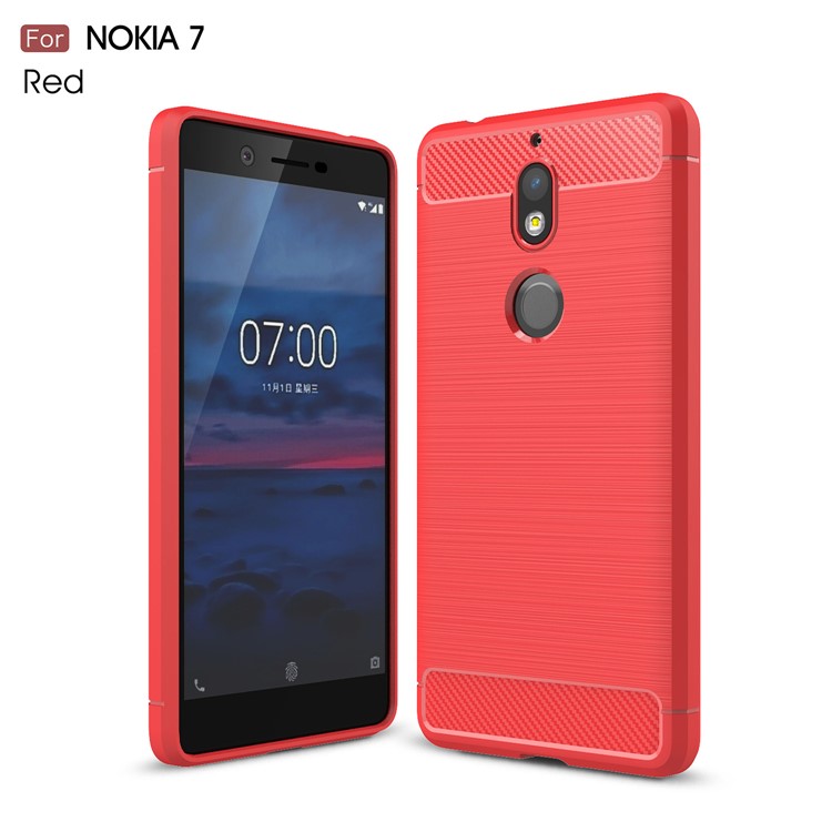 Carbon Fibre Brushed TPU Protection Case for Nokia 7 - Red-1